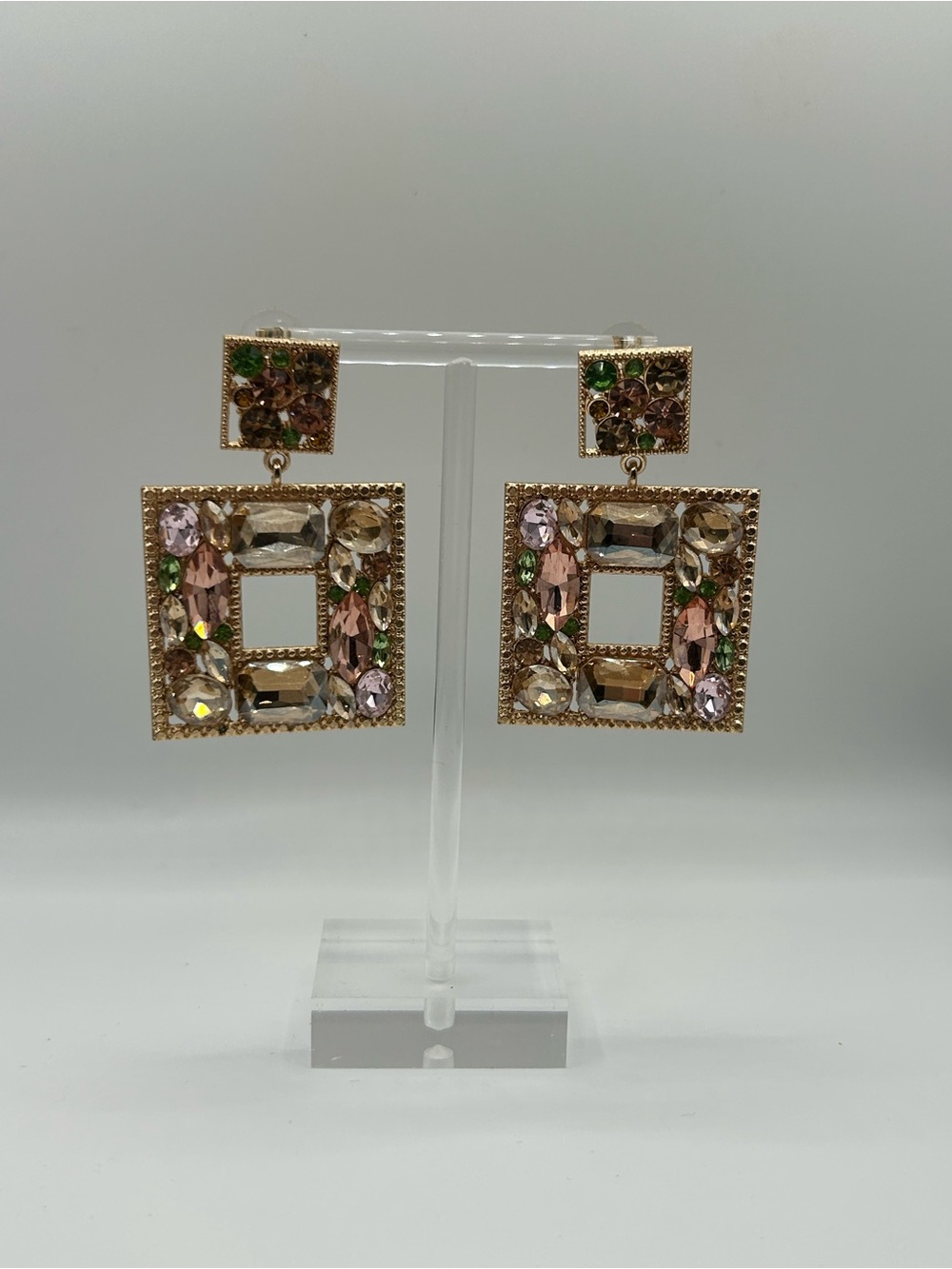 Gold-Tone Square Crystal Drop Earrings with Pink and Green Accents
